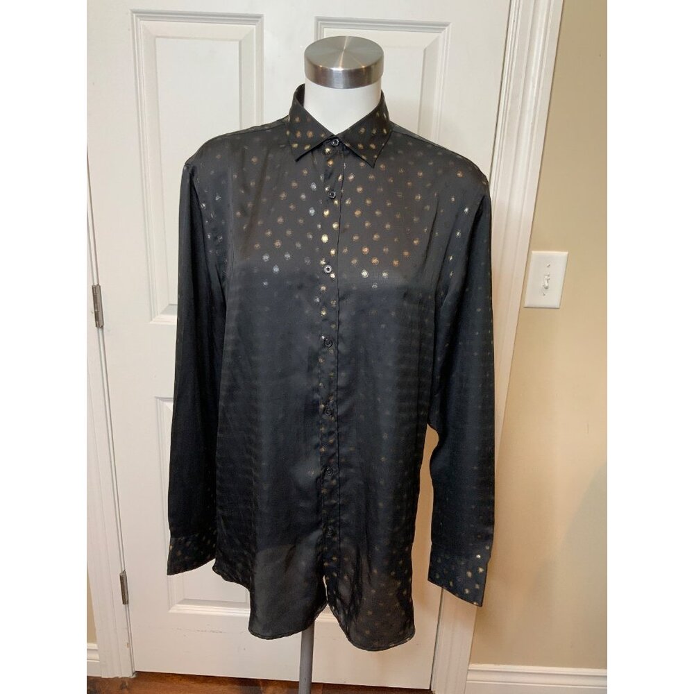 Zara Black Slim Fit Gold Polka Dot Long Sleeve Blouse, Size M